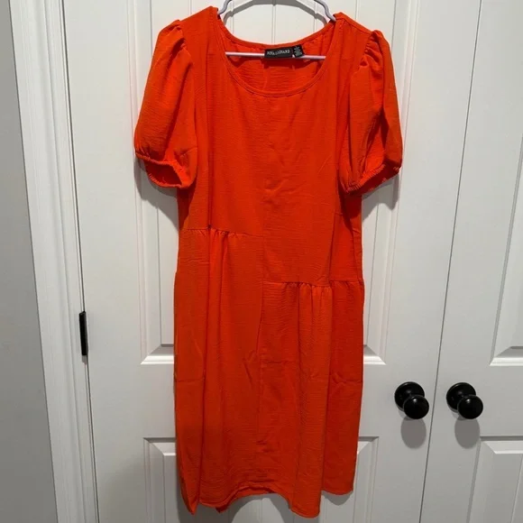 NEW Nina Leonard Vibrant Orange Puff Sleeve Midi Dress - Picture 2 of 6